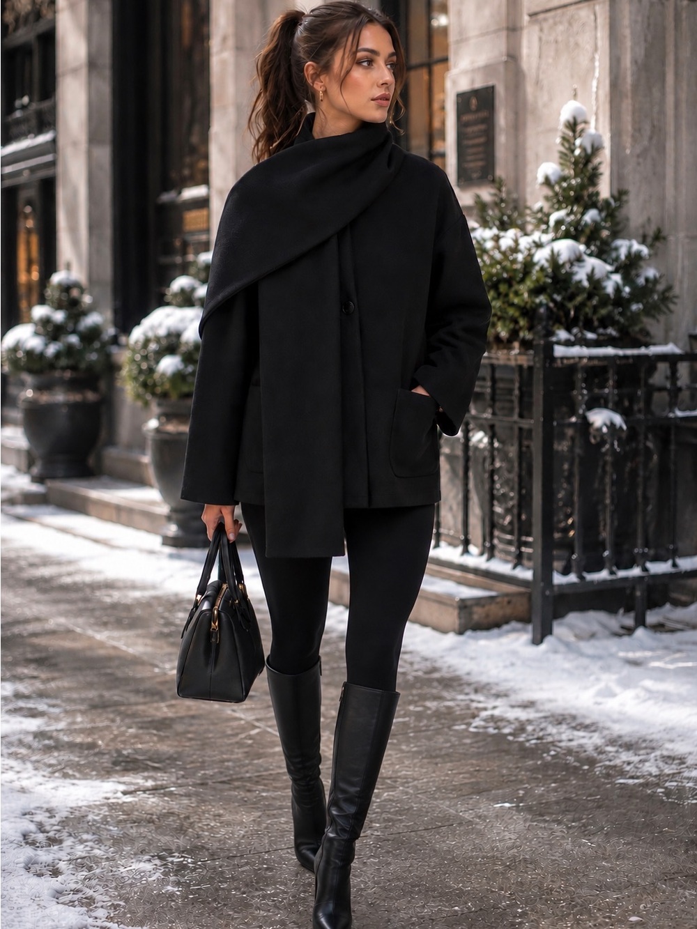 🧣COMMENSE Black Scarf-Accented Wool Jacket